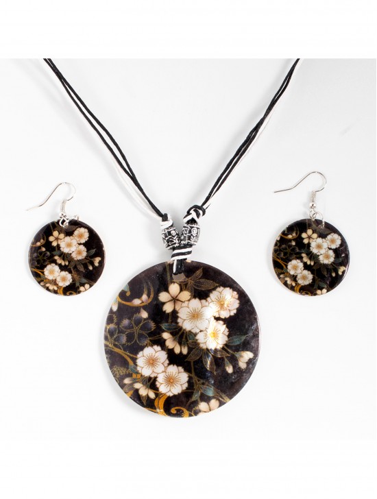 Fashion Flower Print Shell Necklace and Earrings Set